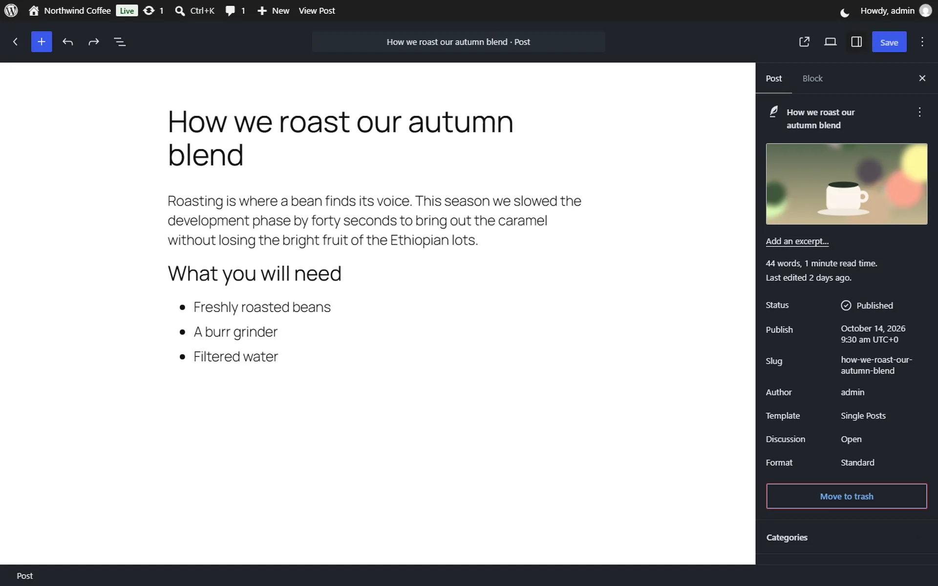 The block editor with dark panels