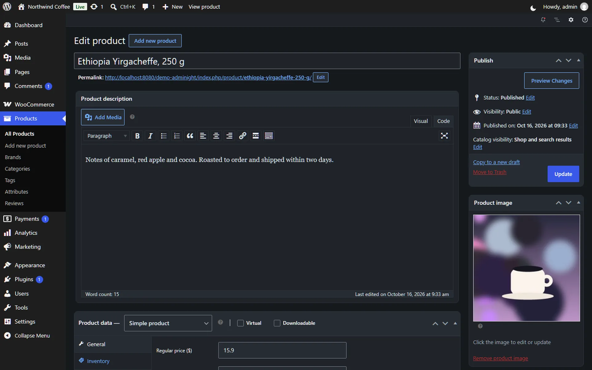 A WooCommerce product in the classic editor
