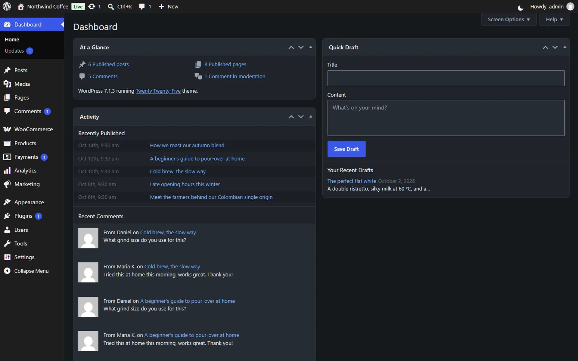 The dashboard in dark mode