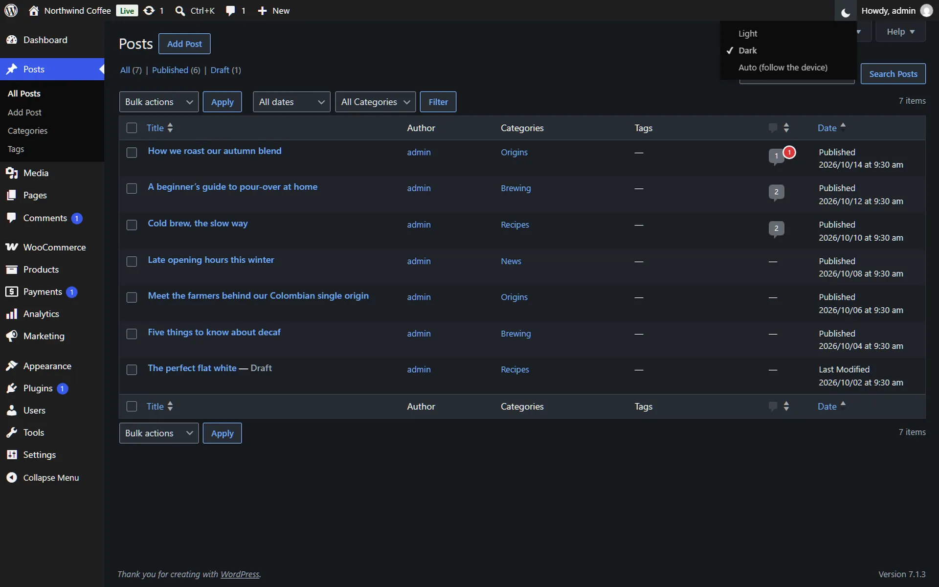 The posts list with the toolbar switch open